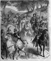 Überquerung der Alpen durch Karl den Großen (747-814), König der Franken. Karl der Große unterwirft die Langobarden. Gravur in „Histoire De France En Cent Paintings“ von Paul Lehugeur, 1891.