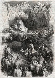 Übergang der Pyrenäen durch die Mauren - Stich von 1851 aus „Der rasende Roland“ (Orlando furioso) (16. Jahrhundert) von Ludovico Ariosto - Ausgabe, aus dem Italienischen übersetzt vom Grafen von Tressan und 1851 von Gustave Havard veröffentlicht