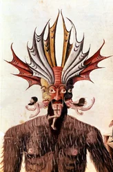Darstellung Luzifers (des Teufels) in Dantes „Göttlicher Komödie“. Manuskript aus dem 14. Jahrhundert. Biblioteca Trivulziana, Mailand.