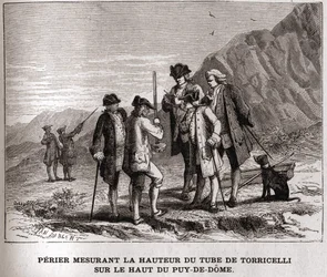 Perier misst die Höhe des Barometers (Quecksilberrohr) von Evangelista Torricelli auf dem Gipfel des Puy-de-Dôme am 20. September 1618 (Gravur des 19. Jahrhunderts, Bianchetti-Sammlung)