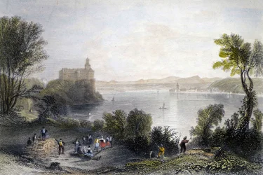 Schloss Persenberg in Deutschland. Im Vordergrund die Holzarbeiter bei der Arbeit. Gravur des 19. Jahrhunderts