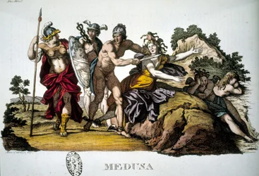 Perseus und die Medusa, eine der drei Gorgonen - im „Dizionario mitologico“
