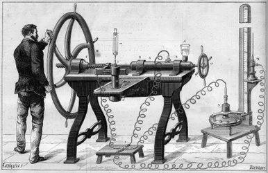 Physik: das gasleckende Gerät erfunden von dem Franzosen Louis Paul Cailletet (1832-1913). Gravur in „La Nature“.
