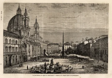Piazza Navona, erbaut auf den Ruinen des Stadions von Domitian aus dem 1. Jahrhundert, ist der Stolz des barocken Rom, mit dem Brunnen der 4 Flüsse, erbaut zwischen 1648-1651, nach dem Entwurf von Bernini (1598-1620) und der Kirche St. Agnes, gebaut zwisch