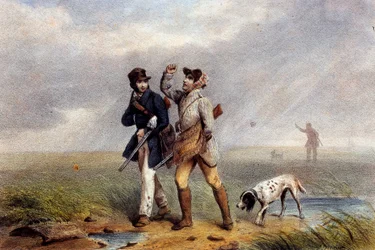 Angenehmes Jagdspiel, zwei Jäger im Gespräch. Lithographie des 19. Jahrhunderts Gien, Jagdmuseum