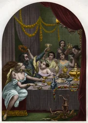 Papst Alexander VI. (1431-1503) (Alessandro, Rodrigo Borgia) Rodrigo Borgia feiert die Hochzeit seiner Tochter Lucrezia Borgia (Lucrezia) mit 50 Kurtisanen im Vatikan. Gravur von 1842 in „Histoire des popes: crimes, murders, poisonings, parricides“