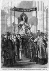 Papst Pius IX. (1835-1914) auf der Sedia Gestatoria - Palmsonntag in Rom: Papst Pius IX. auf dem Gestühl - Zeichnung von Gustave Janet - Das Illustrative Tagebuch von 1868