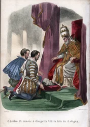 Papst Gregor XIII. (1502-1585) empfängt den Kopf von Gaspard de Coligny (1519-1572), der beim Massaker der Bartholomäusnacht 1572 ermordet wurde, als Geschenk von König Karl IX. von Frankreich (1550-1574).