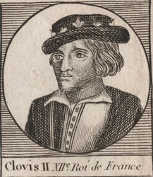 Porträt von Chlodwig II., König der Franken (ca. 633-657) - Chlodwig II. (ca. 634-657), merowingischer fränkischer König von Neustrien und Burgund (639-657) - Gravur aus „Unterricht über die Geschichte Frankreichs“ von Charles Constant Le Tellier 1821