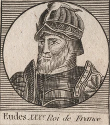 Porträt von Eudes (Odon) (ca. 860 - 898), Graf von Paris und Troyes, dann König von Frankreich - EUDES, Graf von Paris, gewählt zum französischen Thron nach der Absetzung von Karl dem Kaiser - Gravur aus „Unterricht über die Geschichte Frankreichs“ von Cha