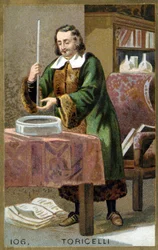 Porträt von Evangelista Torricelli (1608 - 1647), italienischer Physiker mit seiner Erfindung des Barometers (Quecksilberrohr). Chromolithografie des 19. Jahrhunderts