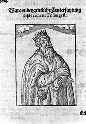 Porträt von Hermes Trismegistos, Astrologe. Gravur aus „Alchimia Nova“ von Giovanni Battista Birelli