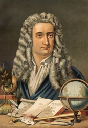 Porträt von Isaac Newton (1642-1727), englischer Mathematiker, Physiker und Astronom. aus „La Ciencia y sus Hombres“ von Louis Figuier. Barcelona 1881