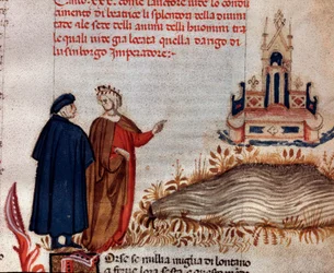 Porträt des italienischen Dichters Dante Alighieri mit Virgil, der auf den Thron von Heinrich VII. schaut (Gesang 20 des Paradieses, in der Göttlichen Komödie)