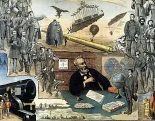 Porträt von Jules Verne und Szenen aus seinen Werken - Werbeplakat für seine gesammelten Werke