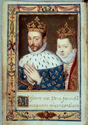 Porträt von König Karl IX. (1550-1574) und Elisabeth von Österreich (1554-1592) Königin von Frankreich. Manuskriptseite aus dem „Stundenbuch der Katharina von Medici“ (Caterina de Medici) 16. Jahrhundert Paris, B.N.