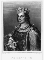 Porträt von König Philipp III. von Frankreich, bekannt als Philipp der Kühne (1245-1285) (Kapetinger-Dynastie). Philipp III., König von Frankreich. Philipp III. der Kühne (1245-1285) - in „Histoire des Français“ von Lavallée, Gravur, sd.