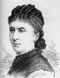 Porträt von Maria Favart (Pierrette Ignace Pingaud, genannt) (1833-1908), französische Schauspielerin, Mitglied der Comédie-Française. Gravur in „Le Monde Illustré“ Nr. 1168 vom 16. August 1879