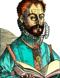 Porträt von Orlandus Lassus (1531-1594), Musiker der franko-belgischen Schule, der ein offenes Buch hält. Gravur aus dem 16. Jahrhundert