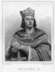 Porträt von Philipp II. genannt Philippe Auguste (1165-1223), König von Frankreich - in „Histoire des Français“ von Lavallée, Gravur, sd