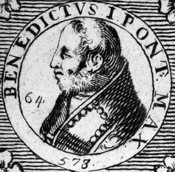 Porträt von Papst Benedikt I. Gravur aus dem 19. Jahrhundert.