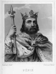 Porträt von Pippin dem Kurzen (ca. 714 - 768), König der Franken, erster der Karolinger - in „Histoire des Français“ von Lavallée, Gravur, sd