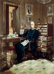 Porträt von Prinz Otto von Bismarck (1815-1898), Kanzler und preußischer Politiker, in seinem Büro. Farblithographie