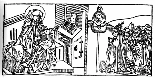 Porträt der Heiligen Brigitte von Schweden (1103 - 1373). Gravur aus „Leben der Heiligen - sommerteil“ (Das Buch der Heiligen) von Jacobus (James) von Voragine (1228-1298). Lübeck 1488