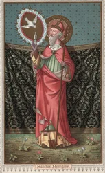 Porträt von Saint Remi (437-533) Besuch der Taube des Heiligen Geistes. Chromolithographie aus dem späten 19. Jahrhundert.