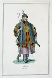 Porträt eines chinesischen Soldaten in Rüstung - in „Die verschiedenen Völker der Erde“ von Abbé Jouhanneaud, Librairie des bons livres