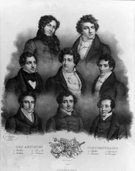 Porträt verschiedener Opernsänger: 1 Giovanni Battista Rubini (1794-1854) 2 Luigi Lablache (1794-1858) 3 Domenico Donzelli (1790-1873) 4 Adolphe Nourrit (1802-1839) 5 Choblet; 6 Nicolas Prosper Levasseur (Le Vasseur) (1791-1871) 7 Louis Antoine Ponchard