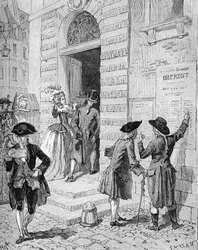 Plakat, das vom Minister und Generalfinanzkontrolleur Charles Alexandre de Calonne (1734-1802) angebracht wurde und zu einem Darlehen ermutigt. Gravur des 19. Jahrhunderts. In „Histoire de France“ von Jules Michelet