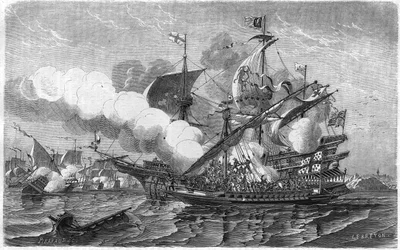 Pregent griff die englische Flotte an, kommandiert von Admiral Edouard Howart, April 1513. Gravur aus dem 19. Jahrhundert.