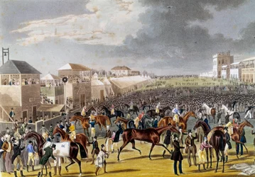 Vorbereitungen für ein Epsom-Rennen (Epsom Oaks: Englisches Pferderennen). Gravur