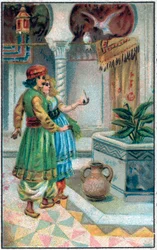 Prinz Ahmed mit der Fee. Geschichte von Prinz Ahmed und der Fee Paris-Banou. Geschichte aus 1001 Nacht. Chromolithographie aus dem späten 19. Jahrhundert.