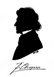Profilsilhouette des polnischen Komponisten Frederic Chopin (1810-1849) mit Autogramm. 19. Jahrhundert
