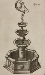 Pyrotechnischer Brunnen, der ein Feuerwerkssystem verbirgt, Gravur aus Grand Art d