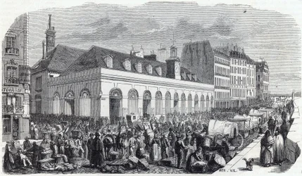 Quai des Augustins: Marche de la Vallee - Gravur in „Tableau-de-Paris“ von Edmond Texier