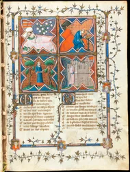 Vier Männer bei verschiedenen Aktivitäten, Seite aus dem Manuskript "Der Roman de la Rose" von Guillaume de Lorris und Jean de Meun