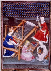 Königin Tanaquil, Frau des römischen Königs Tarquinius Priscus, beim Weben (Miniatur aus 