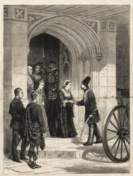 Königin Victoria empfängt den Schah von Persien (Naser al-Din Schah Qajar) am Souveränseingang, Windsor Castle - 1873 - Gravur aus 