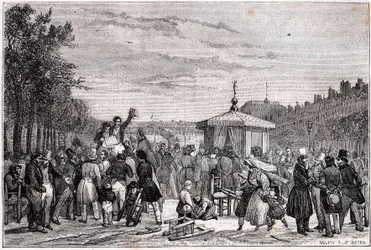 Verlesung der Urteile, die in der Zeitung Moniteur in den Gärten des Königspalastes in Paris am 26. Juli 1830 während des Bürgerkriegs veröffentlicht wurden - Revolution 1830 - Verlesung der Vorschriften im Moniteur, im Garten des Palais-Royal, am 26. Juli