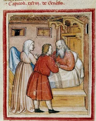 Rebekka bringt ihren Sohn Jakob, den ihr Bruder Esau zu töten droht, vor ihren Ehemann Isaak, um seinen Segen zu erhalten. Miniatur aus Codex 212 (oder Padovano oder Bibel von Padua) 1390-1400 Rovigo, Accademia dei Concordi