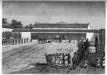 Empfang des französischen Bevollmächtigten in Hue durch den König von Annam. Gravur im Journal „La jeunesse“