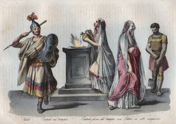Religion im antiken Rom - Salii (springende Priester) und Vestalinnen oder Vestaljungfrauen - Gravur aus „Usi e Costumi di Tutti i Popoli dell