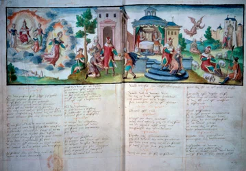 Religiöses Theater: „Passion und Auferstehung“ gespielt in Valenciennes im Jahr 1547. Manuskriptseite mit Aquarell, Paris, B.N.