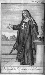 Religiöser Orden. Religiöse der heiligen Rosalia in Palermo auf Sizilien im 17. Jahrhundert. In „Geschichte der militärischen Orden oder Ritter, der sicheren und routinemäßigen Milizen beider Geschlechter, die bisher gegründet wurden. Ausgabe von Abbe Gius