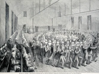 Religiöse Prozession der Shaker in New York. Illustration aus dem 19. Jahrhundert.
