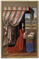 Darstellung von Anne de France, bekannt als Anne de Beaujeu (1461-1522) im Gebet. Sie ist die Tochter von Ludwig XI. und Charlotte von Savoyen. Chromolithographie nach einer Illumination.