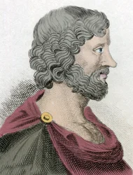 Darstellung des Aristippos von Kyrene (435-356 v. Chr.), griechischer Philosoph und Schüler des Sokrates. Stich aus dem 19. Jahrhundert.